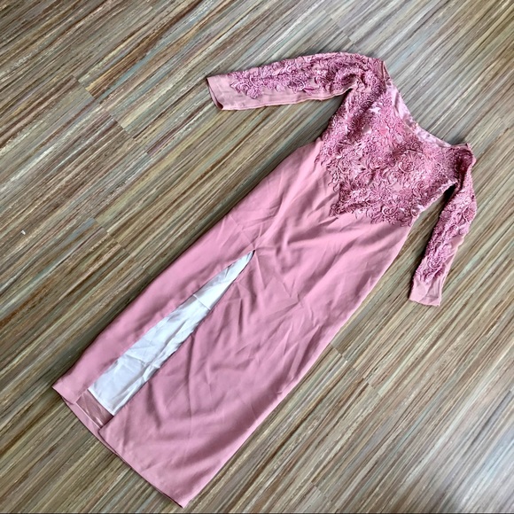 Pink Satin Crepe Long Formal Dress with Embroidered Sheer Sleeves - Picture 3 of 6